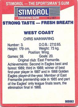 1990 AFL Scanlens Stimorol #126 Chris Mainwaring Back